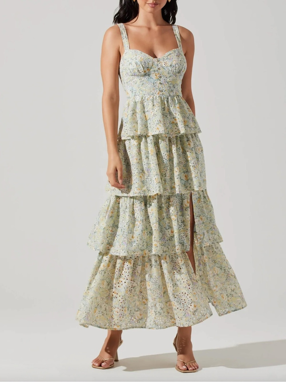 ASTR Pale Yellow Floral Tiered Maxi Strap Dress